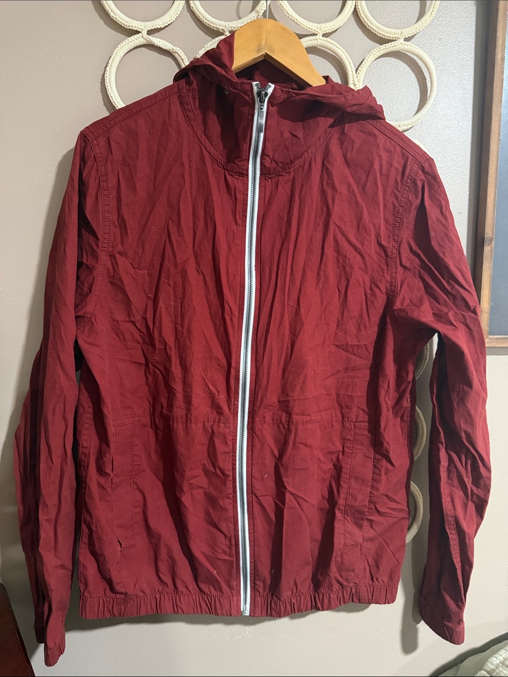 Denim & Flower Men's Hooded Windbreaker in Deep Red